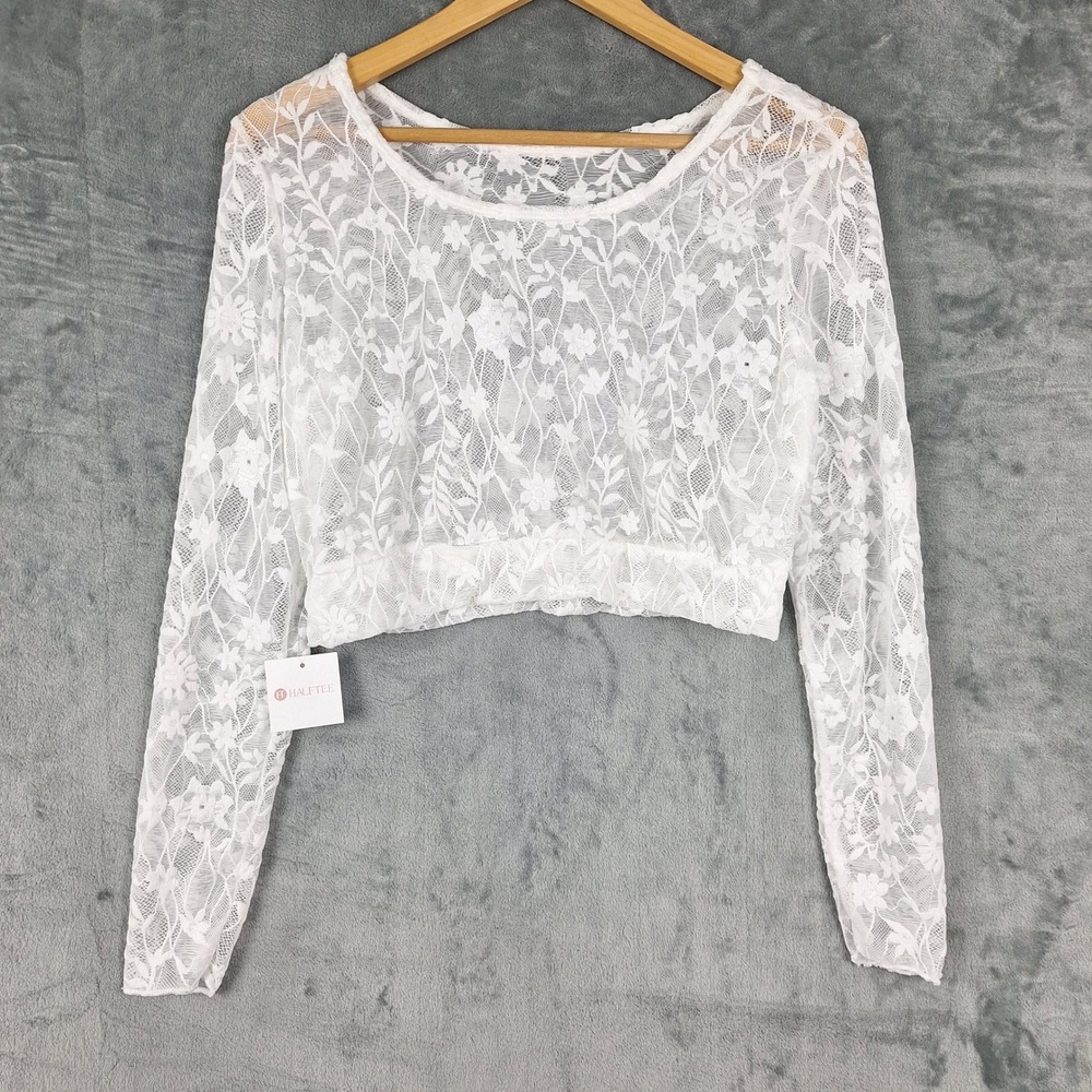 Womens‎ Top XL White Floral Sheer Lace Mesh Crop Coquette Fairy Romantic Stretch